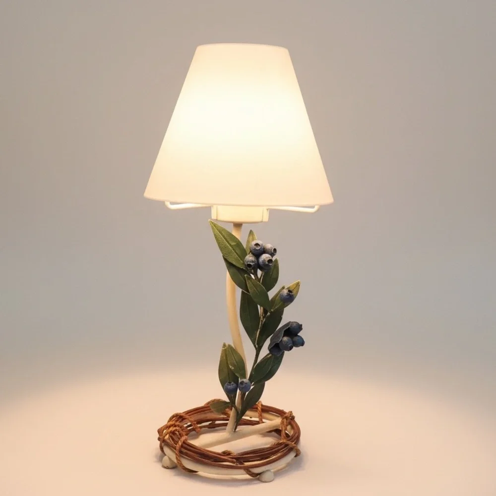 Candle holder lamp with blueberries, metal with frosted glass lampshade, vintage